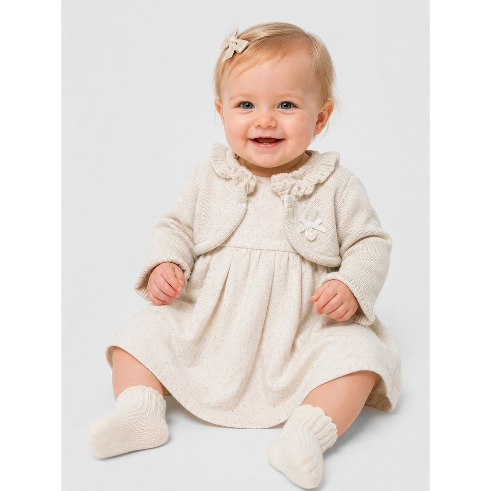Mayoral Newborn Girls Cream Sparkle Polka Dot Dress Attached Knit Shrug 6 9M
